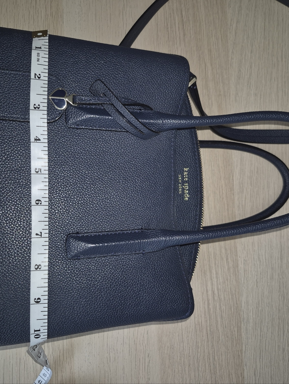 kate spade Medium Margaux Satchel navy pebbled leather satchel with gold accents - Picture 8 of 9
